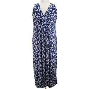Chaps Maxi Dress Womens Size 16W Blue White Floral Sleeveless Surplice V Neck